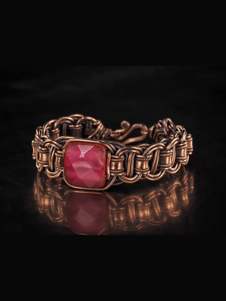 Copper wire wrapped agate bracelet Unique woven copper wire bangle Small size
