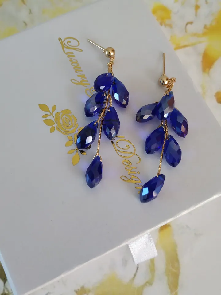Gold Blue Drop Crystal Wedding Earring For Bride, Boho Bridal Earrings, Chandelier Statement Wedding Jewelry, Bridesmaid Gift, Jewellery