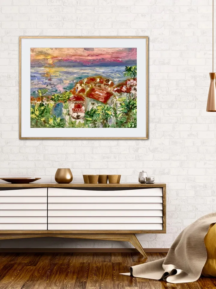 Canarian islands landscape painting,original oil impasto style canvas painting,seascape wall art,beautiful sunset painting