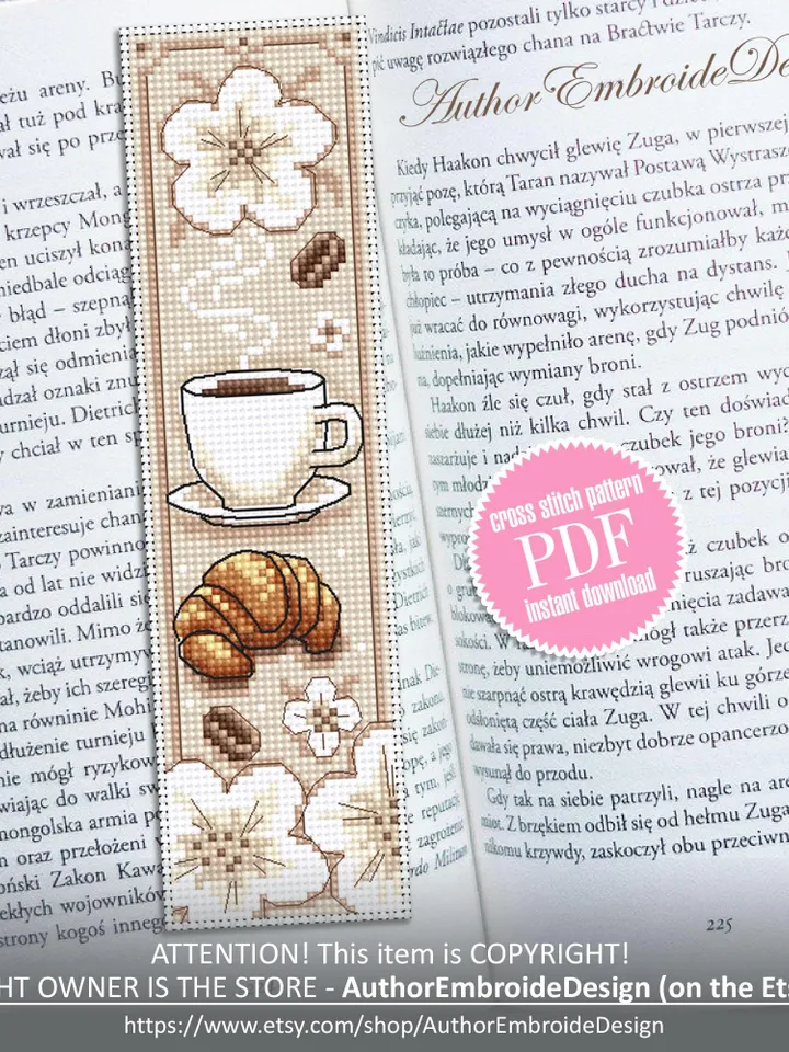 Coffee bookmark cross stitch pattern PDF download Coffee cup and croissant cross stitch chart Bookmark pattern digital PDF Coffee gift #B374