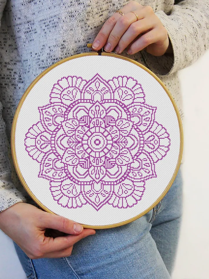 Mandala cross stitch pattern download PDF, Floral ornament cross stitch chart, Monochrome mandala hand embroidery, Easy beginner stitch #M59