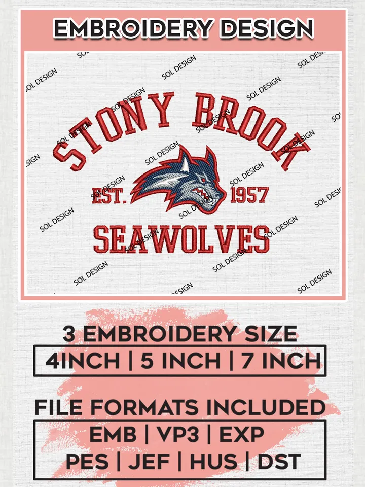 Stony Brook Seawolves Est 1957 Logo Embroidery Designs, NCAA Stony Brook Seawolves Team Embroidery, NCAA Team Logo, 3 sizes, Machine embroidery Files, Digital Download