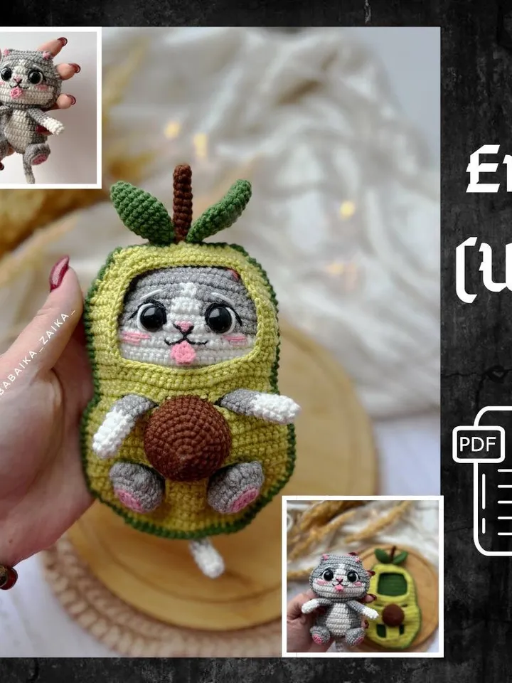 PDF Crochet Pattern Avocado Cat, Amigurumi AvoCato pattern, Cute cat, Animal pattern, Amigurumi animal, Crochet animal, Crochet Avocado