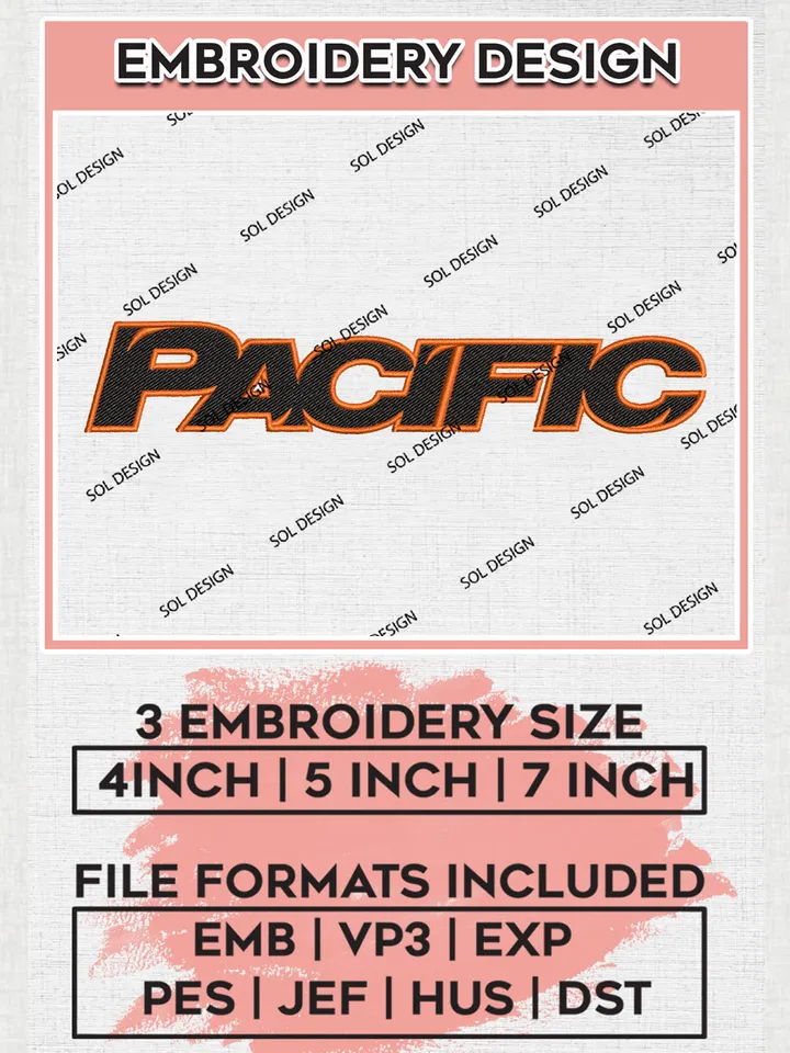 NCAA Pacific Team Word Logo Embroidery Design Files, NCAA Pacific Tigers Machine Embroidery, NCAA Teams, Game Day, 3 sizes, NCAA Machine embroidery designs, Digital Download