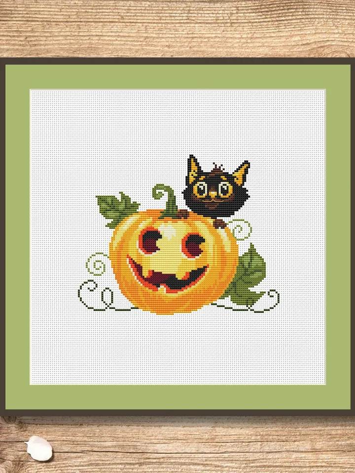 Happy Halloween Cross Stitch Pattern, Halloween Cat Cross Stitch Pattern, Pumpkin Cross Stitch Pattern, Cat on the Pumpkin #hld003