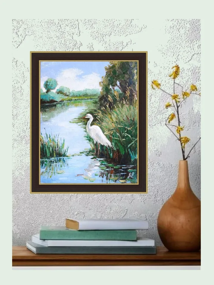 Heron on a Tranquil Riverbank - Impressionist Palette Knife Oil Painting Bird Standing by the Water in Lush Greenery Original Artwork