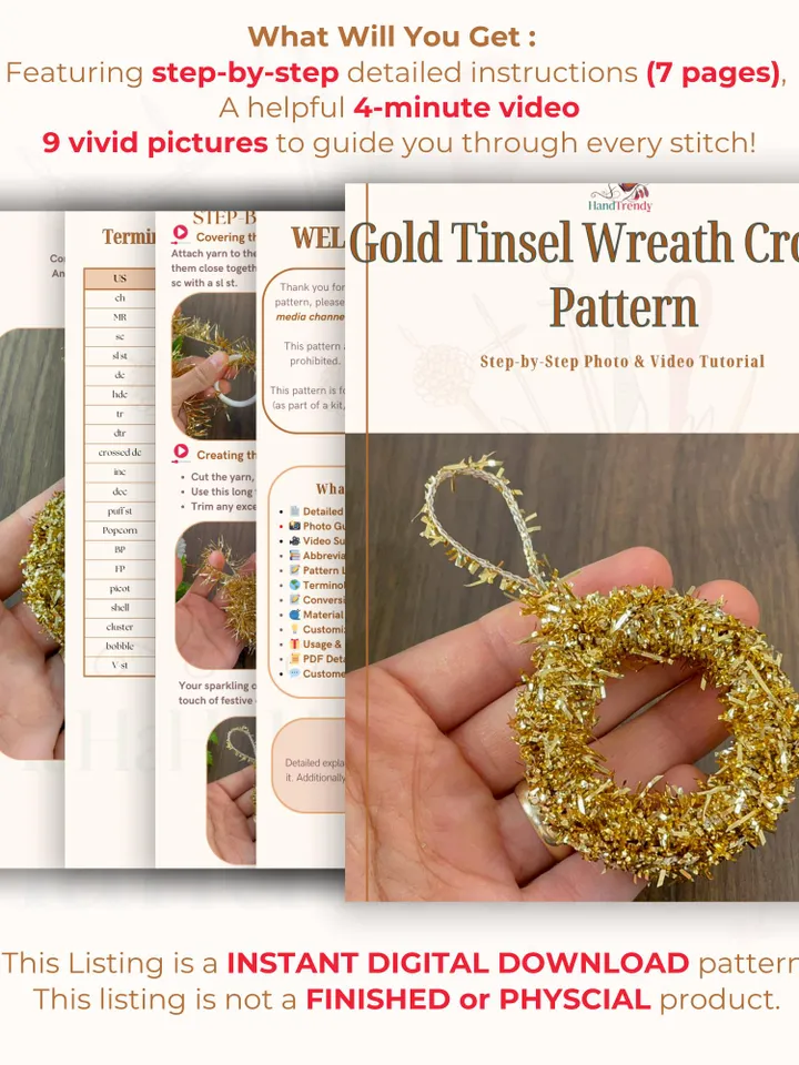 Gold Tinsel Wreath Crochet Pattern, DIY Festive Ornament PDF, Handmade Christmas Décor Tutorial, Beginner Holiday Craft Project
