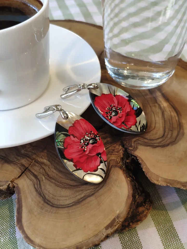 Pearl earrings: Red poppies on shell earrings. Aesthetic handmade floral design. Hand painted stylish jewelry gift with big red flower.