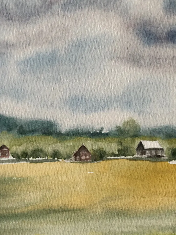 Clouds over the village landscape original watercolour painting wall art hand painted