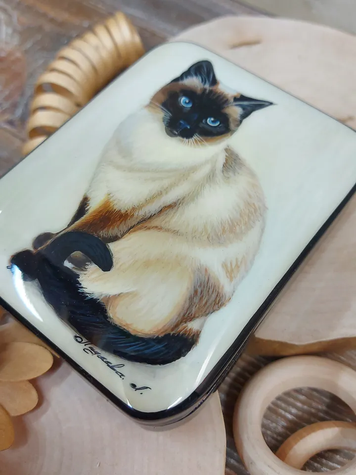 Nice Russian lacquer box "Siamese cat. Pet" Hand painted miniature, jewelry box, Gift for cat lovers, Art gift Fedoskino. New year's gift