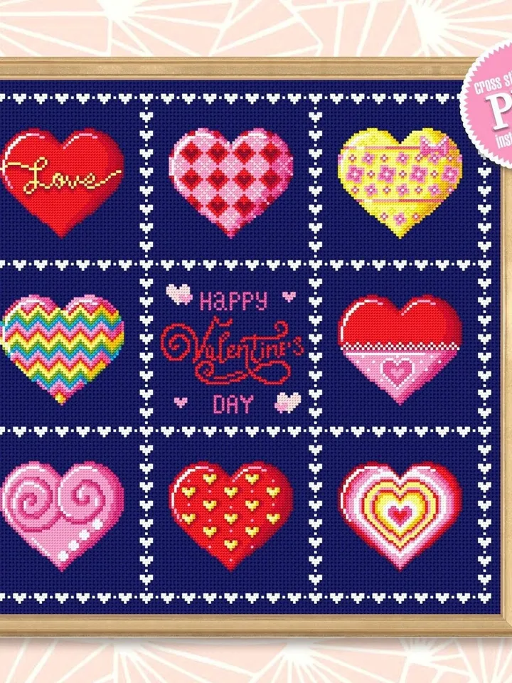 Love hearts cross stitch pattern PDF download Sampler cross stitch funny valentine, Happy Valentines day, Small heart cross stitch chart #T8