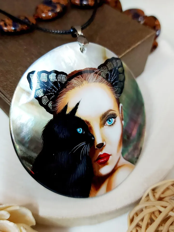 Mother-of-pearl Russian hand-painted necklace pendant "Сatwoman" Jewelry Russian jewelry magic of painting fine art jewelry Fedoskino