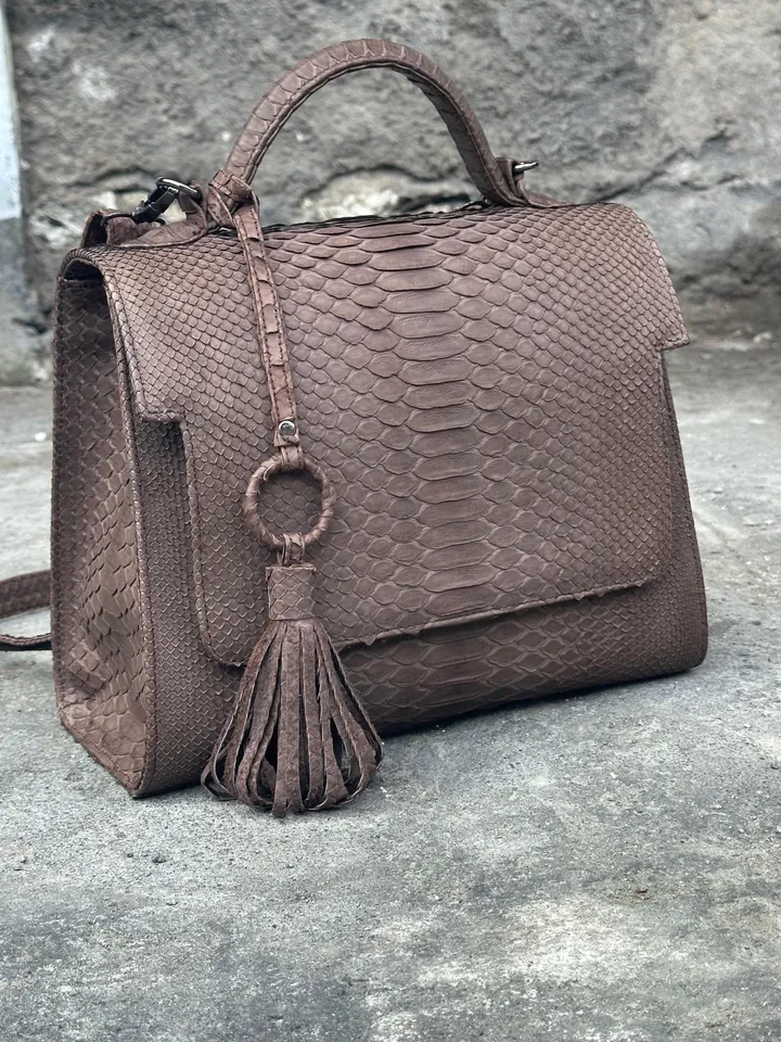 Top handle brown classy genuine python skin big bag | exotic leather bags | Elegant women purse | snake skin bag | designer leather bag