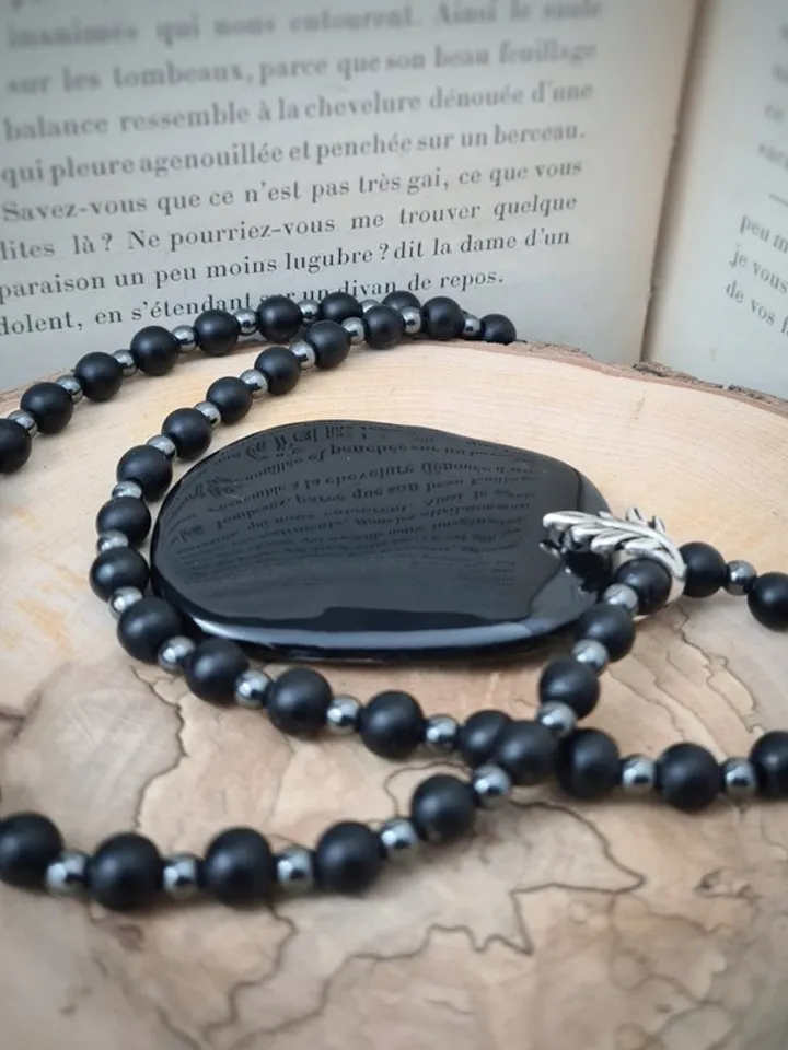 Girl with a white wolf necklace Miniature on agate Hematite and shungite beads