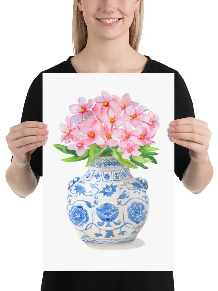 Chinoiserie Watercolor Vase Art Print Blue And White Porcelain Vase Ginger Jar Wall Art Farmhouse Decor Housewarming Gift Vintage Wall Art