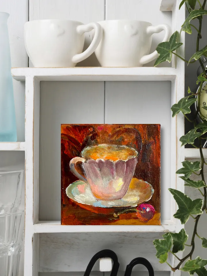 Coffee Still Life Painting Kitchen Wall Decor, Coffee cup and cherry art oil on canvas 6"x6"