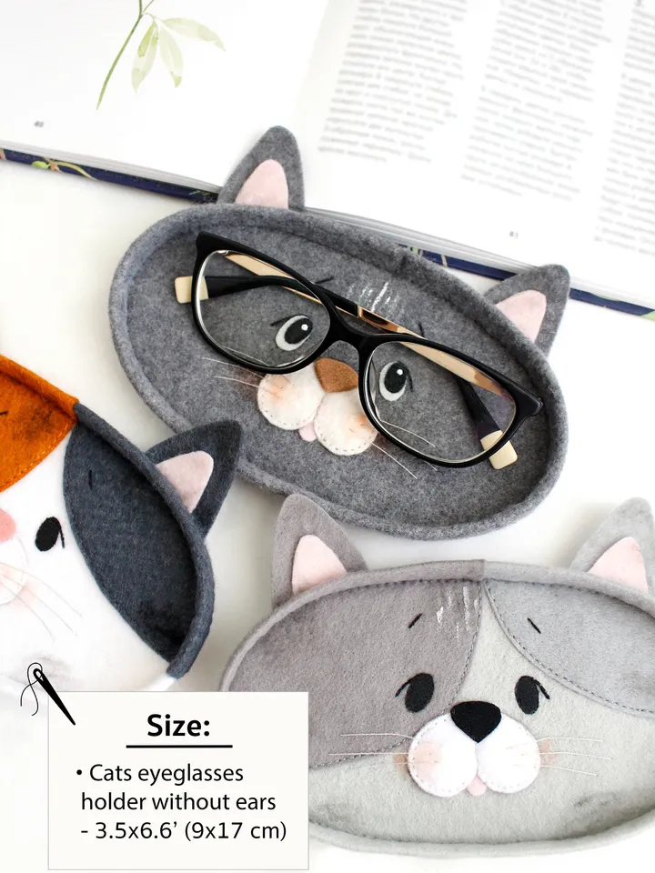 Felt cats eyeglasses holders hand sewing PDF tutorial with patterns. DIY spectacles holder. Handmade pets and book lover gift. Glasses wearer present