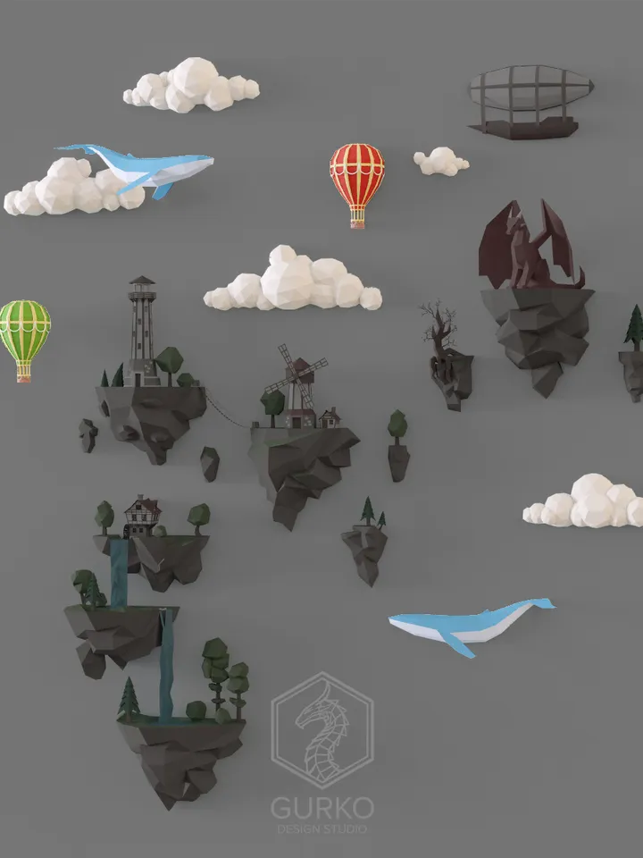 Papercraft Clouds With Whales And Hot Air Balloons, Digital Template, PDF Download, Gurko, 3D Low Poly, Pepakura, DIY Origami Sculpture