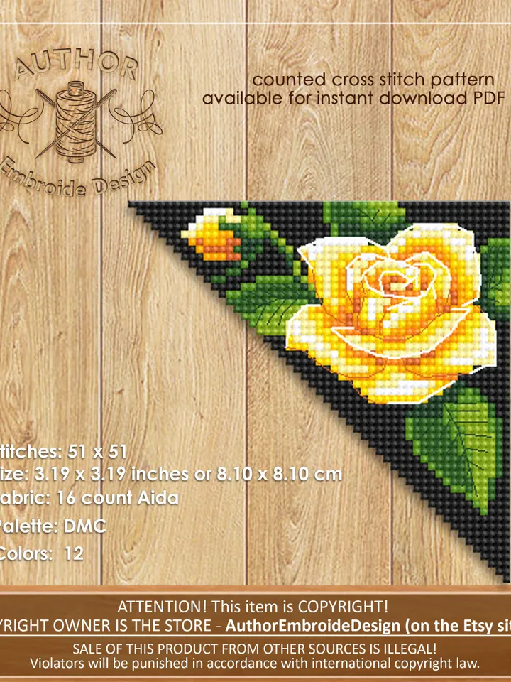 Corner bookmark cross stitch pattern PDF download Yellow rose cross stitch chart, Floral bookmark corner digital PDF, Yellow flowers #B215