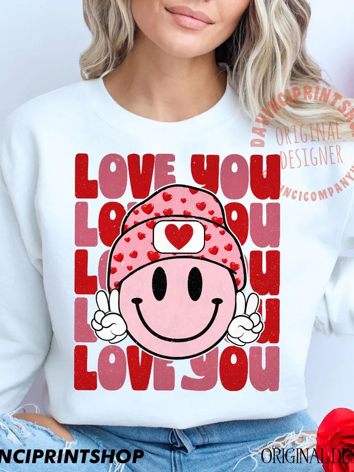Love You png, Retro Valentines png, Valentines Day png, Valentines Shirt png, Love Sublimation, Retro Smile Face png, Sublimation png design