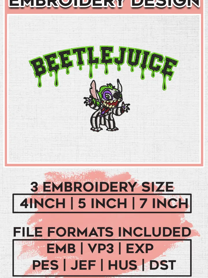 Halloween Stitch x Beetlejuice Drop Name Embroidery designs, Horror Movie Machine embroidery designs, Halloween embroidery files, Horror Character Machine Embroidery Digitized Pes Files, Digital Download