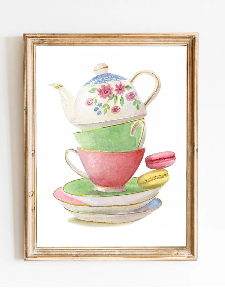 Tea cups, Kitchen Art, Wall Art, Kitchen Wall Decor, Vintage Tea Cup, Gift For Tea Lovers, Tea Party Decor ,Watercolor Art Print Tea Poster