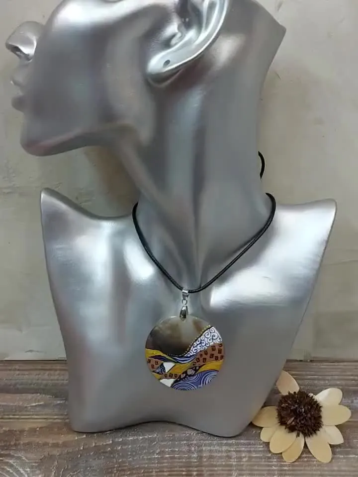 Beautiful Pendant Klimt Mother of Pearl Hand-painted Russian decoration Painting. Jewelry art Art gift Fedoskino Collectible