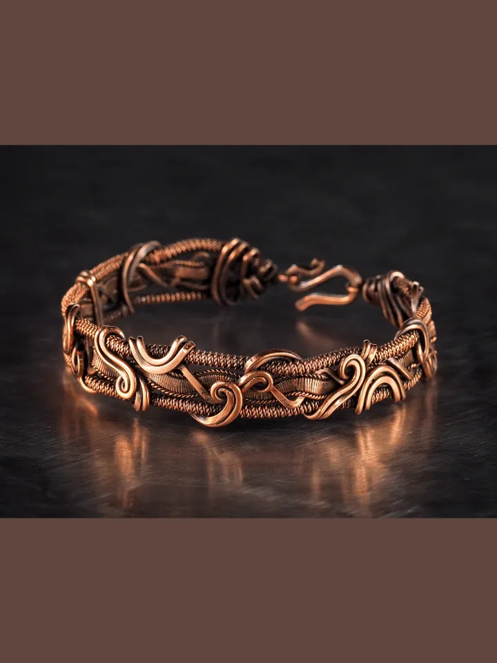 Wire wrapped bracelet, Unique 7th 22nd Anniversary gift idea, Art Nouveau antique style, One of kind braided statement bangle, Handmade oxidized pure copper jewelry, Pain relief, EMF protection