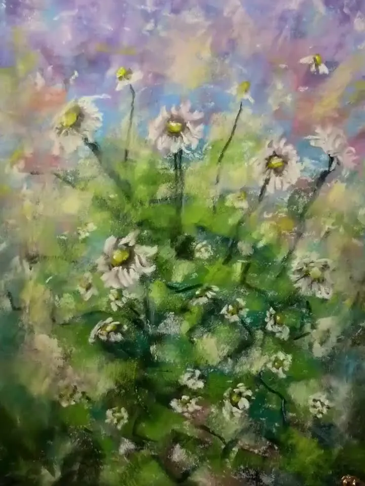 Daisies pastel painting ,original abstract painting,soft pastel on pastelmat, small gift for her,home decoration.