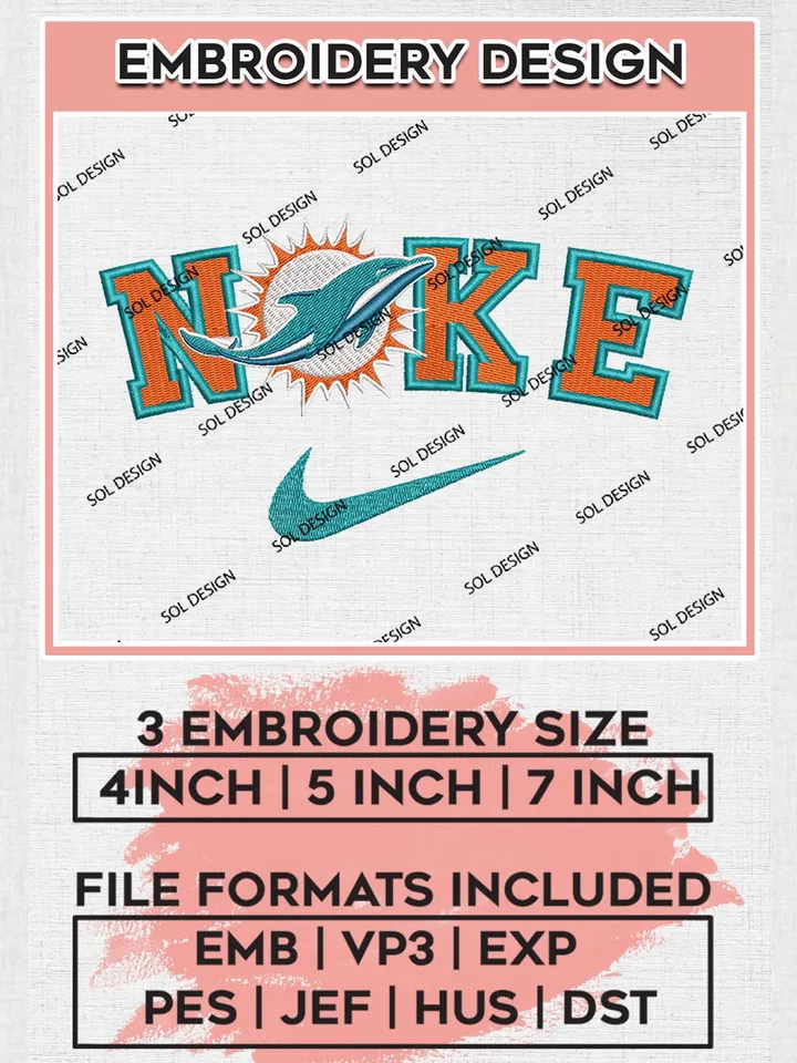 Nike Miami Dolphins Embroidery Design Files, NFL Dolphins, NFL Logo Embroidery Files, NFL Miami Dolphins Machine Embroidery Design, Digital Download