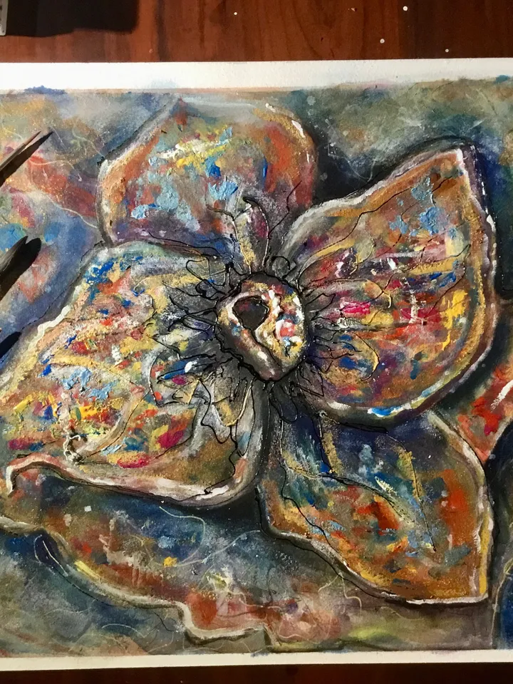 Fantasy magic flower original watercolour mix media artwork, unique gift,flowers painting