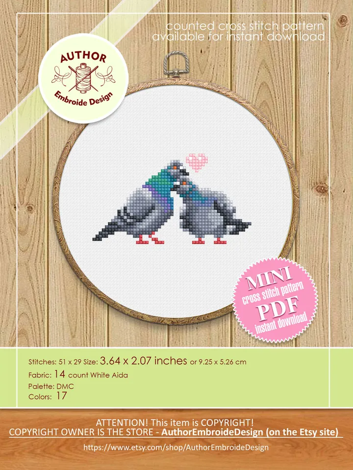 Pair pigeons cross stitch pattern PDF download Valentine birds cross stitch chart Mini dove cross stitch Bird lover gift Couple pigeons #K30