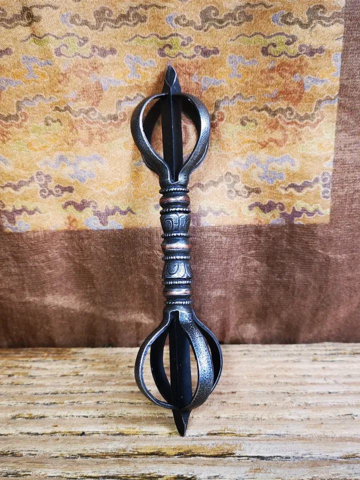 Gandhanra Vintage Five-pronged Vajra Dorje,Tibetan Tantric Buddhism (Vajrayana) Ritual,Altar Tool,Made of Cold Iron,Inlaid Copper