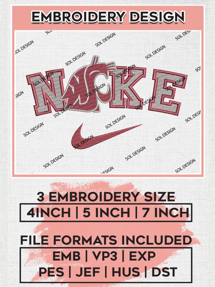 Nike Washington State Cougars Machine Embroidery Design, NCAA Washington State Cougars Embroidery Design Design files, NCAA Embroidery Designs, NCAA Machine Embroidery Designs, Digital Download