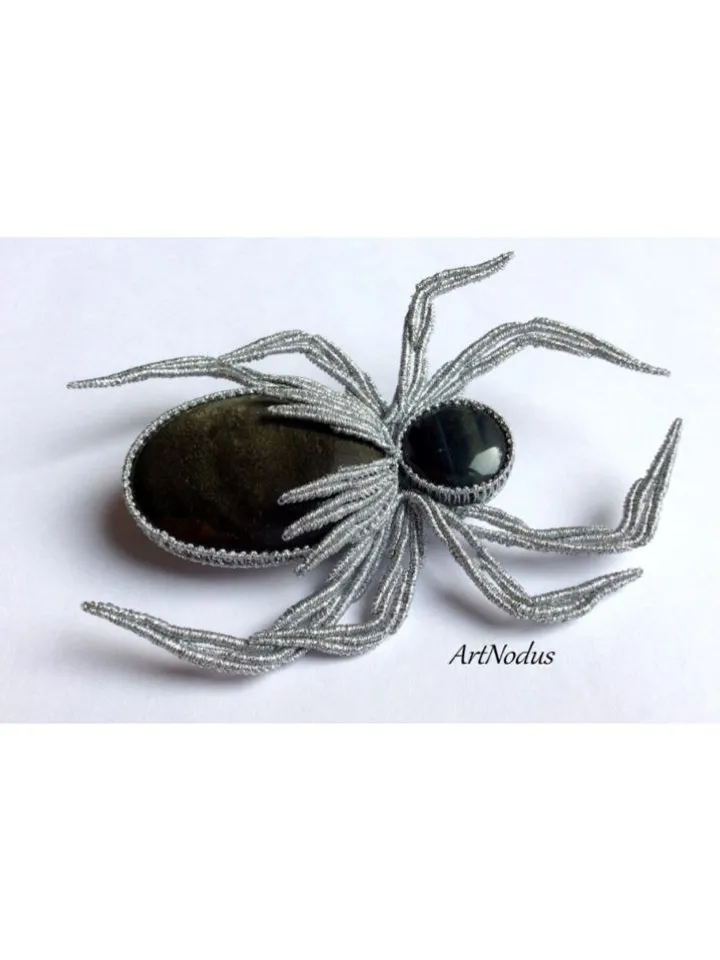 Silver Obsidian Spider brooch