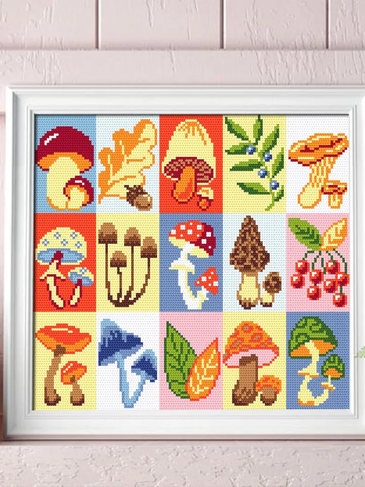 Mushroom cross stitch pattern PDF download Fall cross stitch chart, Scandinavian folk sampler patchwork, Mushroom pattern digital PDF #L57