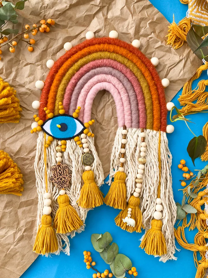 Boho rainbow wall hanging, Modern macrame decor, Mustard colors, Boho home decor, Unique birthday gift