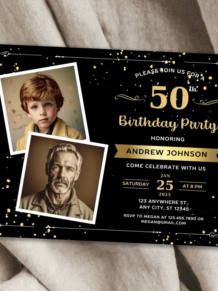 50th Birthday invitation with Photo | Adult Birthday Photo Invite | Mens birthday Black Gold landscape invitation card | Canva template