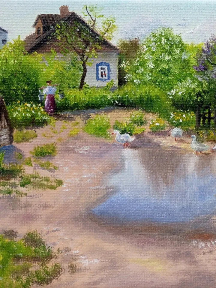 Oil painting " Geese for a walk "