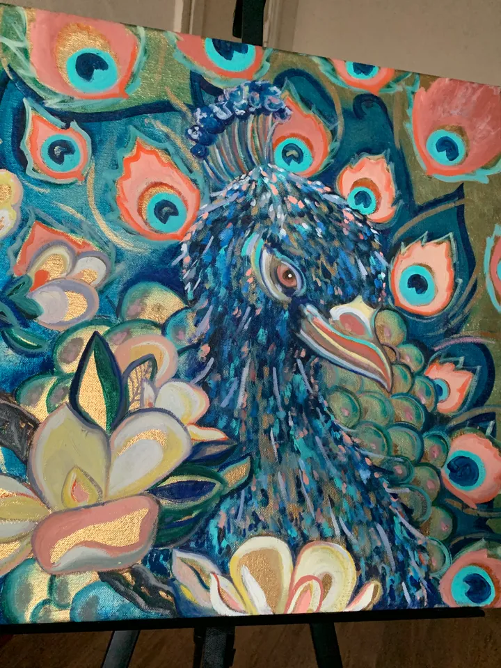 Peacock on gold original oil painting on canvas 19,6x19,6 inches