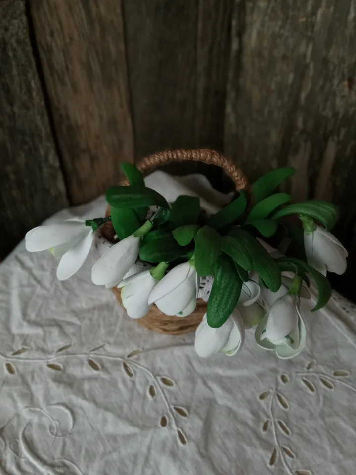 Snowdrops in a Basket - Handmade Floral Composition. Gifts for her Christmas present Indoor place