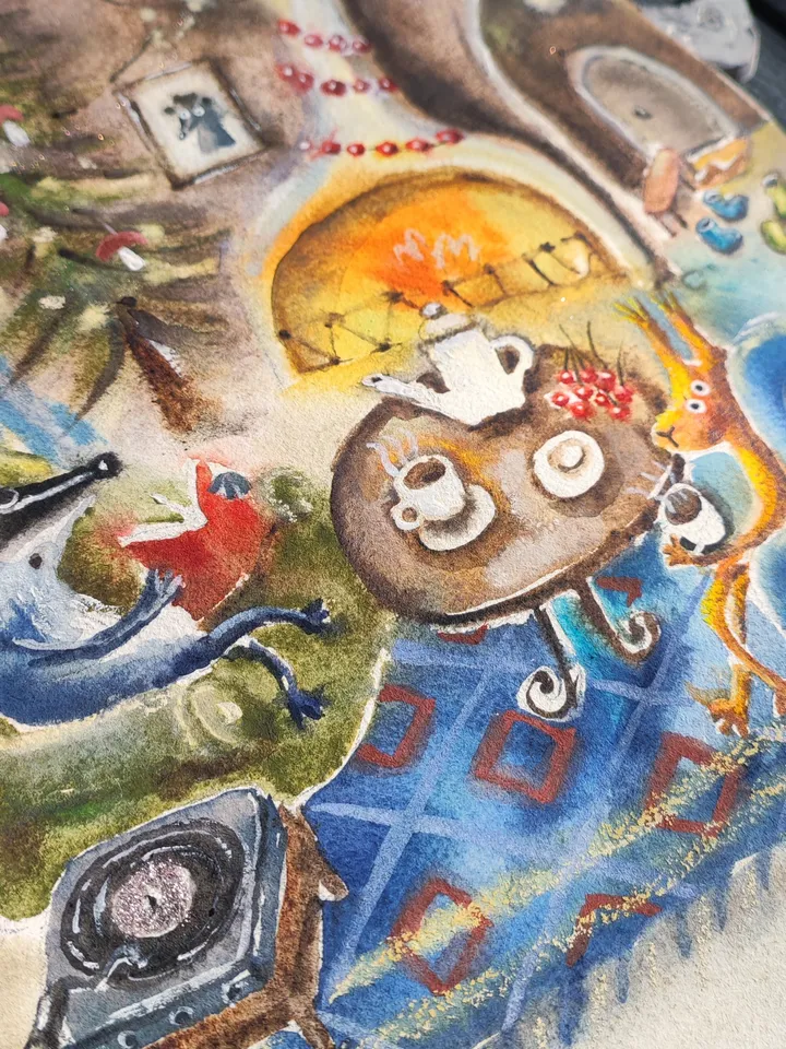 27×27cm Artwork by Julia Schigal "Dreaming of a White Christmas" - watercolor, gouache, pastel
