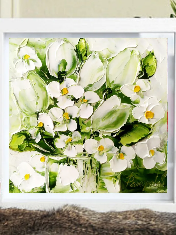 Daisy Tulip Painting Flowers Original Art Impasto Oil Painting 6 by 6 Floral Small Painting Christmas Gift by ArtProkopaloSv