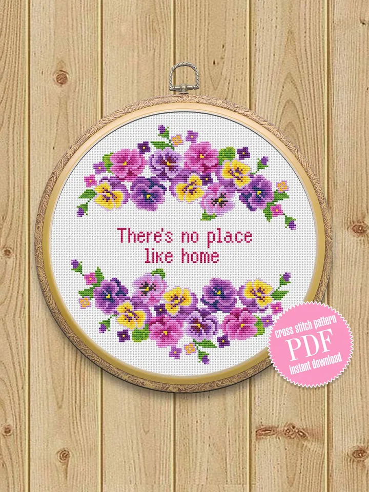 Quote cross stitch flowers violets Theres no place like home PDF pattern modern, Cross stitch flower violets pattern needlepoint