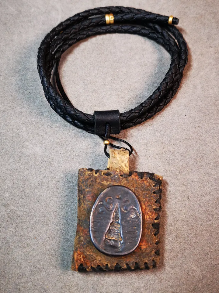 Gandhanra Antique Amulet Pendant,Stupa / Pagoda Tsa Tsa Mold on leather Sachet