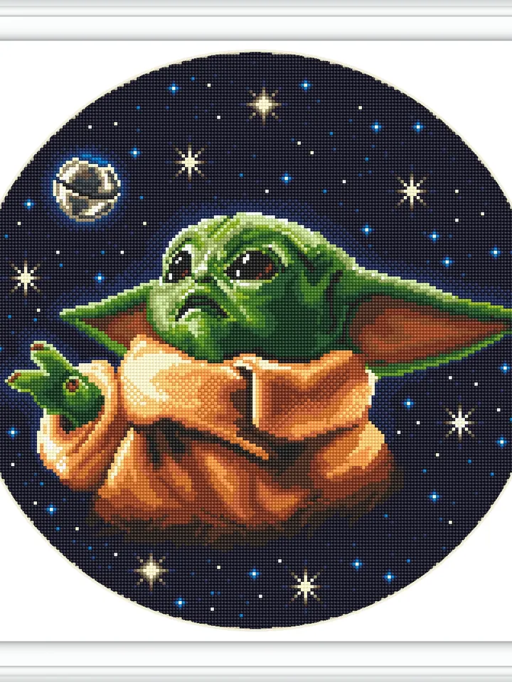 Green baby Yoda Grogu  cross stitch pattern instant download PDF, Fantasy movie Mandalorian heroes cross stitch chart, Fun art,  Star Wars Characters, Starry night sky #SW1