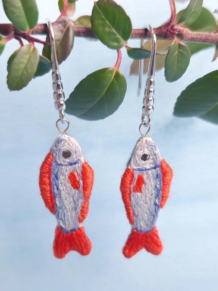 Fish Earrings Embroidery Whimsical Handcrafted Unique Boho Jewelry Gift for Her Quirky Jewelry Accessory Boho Design Symbolic Handmade