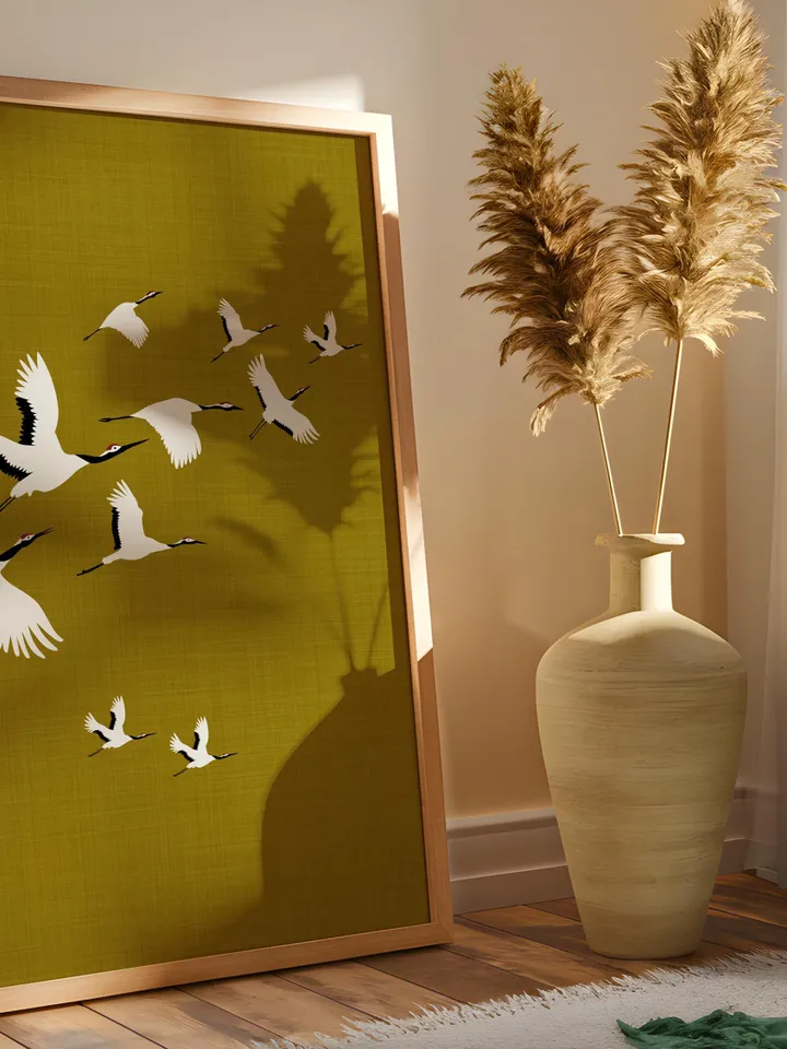 Olive Green Cranes Wall Art Digital Print Japanese Style Gold Accent Bird Poster Maximalist Decor Eclectic living Room Artwork Gift poster