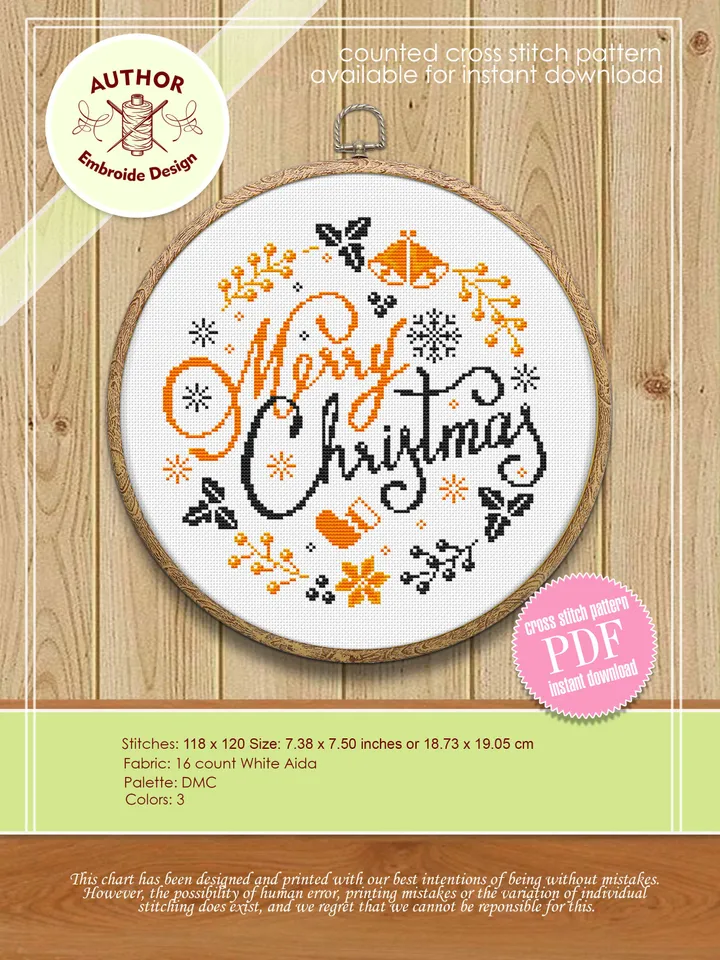 Merry Christmas cross stitch pattern download PDF Winter holiday cross stitch Round christmas ornament stitch chart DIY Christmas decor #N33