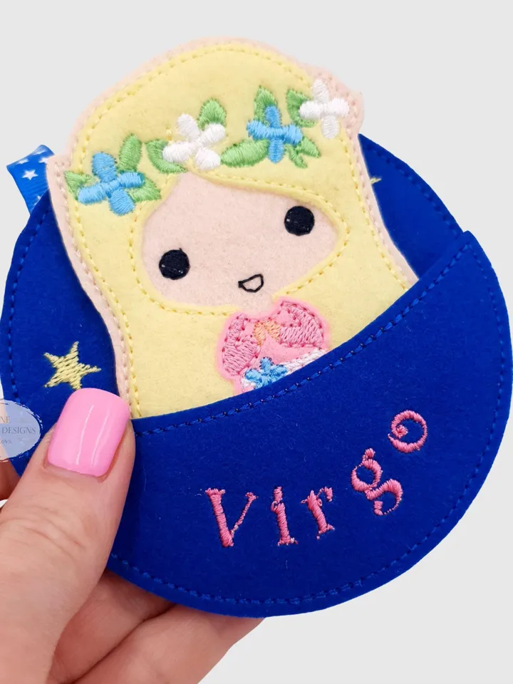 ITH Virgo Zodiac Finger Puppet & Bag Embroidery Design, Maiden Star Sign Toy, 4x4 Hoop Christmas Ornament File
